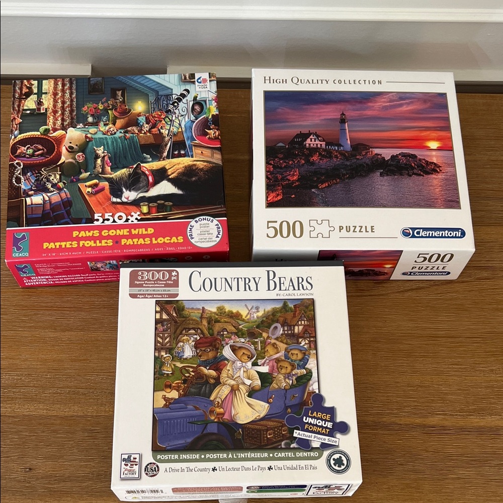 Set of 3 Puzzle Bundle, 300-500 pieces, Country Bears, Sleeping Cats, Lighthouse